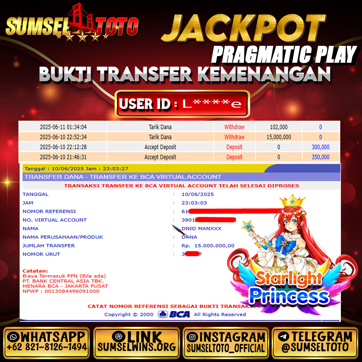 SUMSELTOTO JACKPOT STARLIGHT PRINCESS Rp.15,000,000.,- LUNAS